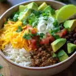 Close-up of a one pot beef burrito bowl with vibrant ingredients and minimal background.