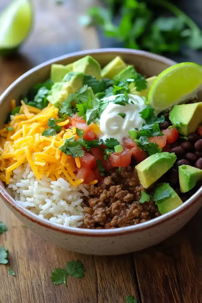 Close-up of a one pot beef burrito bowl with vibrant ingredients and minimal background.
