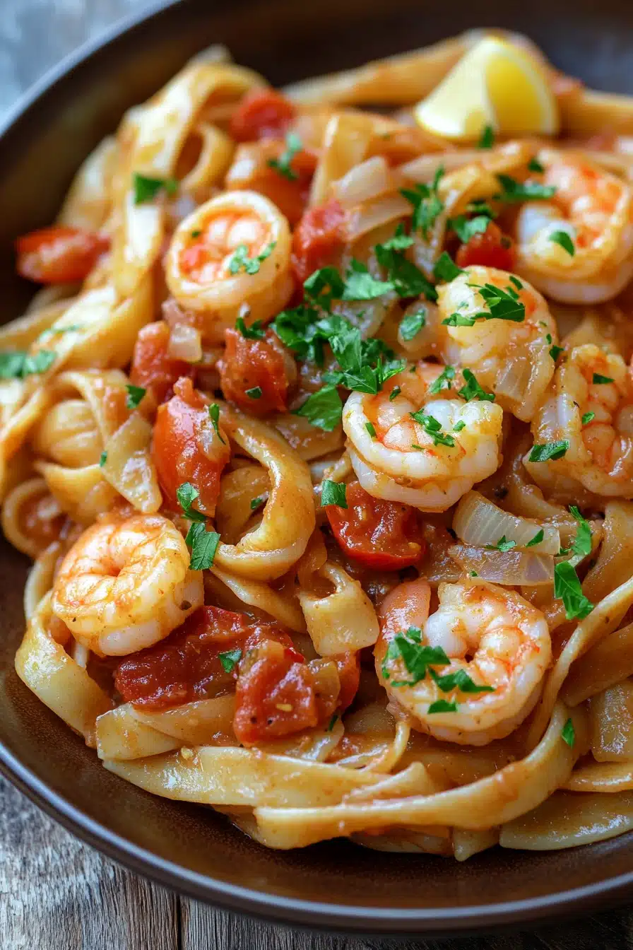 Close-up of one pot pasta with shrimp in a creamy sauce, garnished with herbs