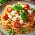 Close-up of one pot pasta with feta and tomatoes, garnished with herbs.