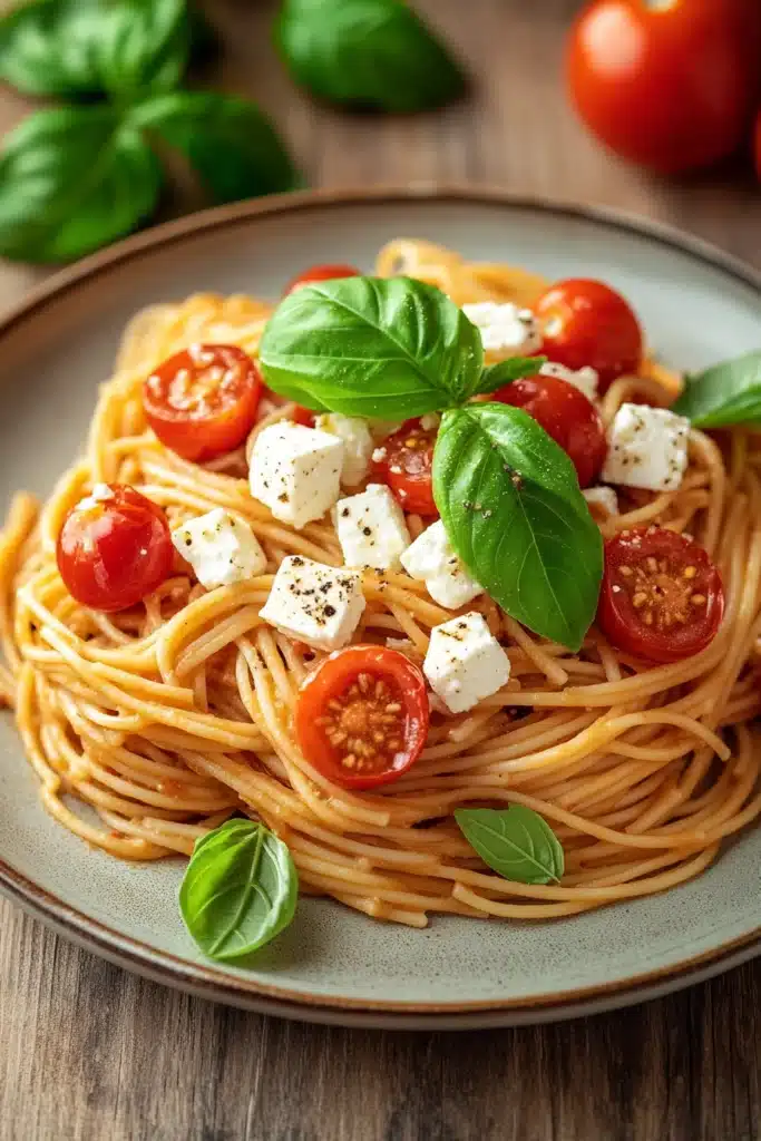 Close-up of one pot pasta with feta and tomatoes, garnished with herbs.