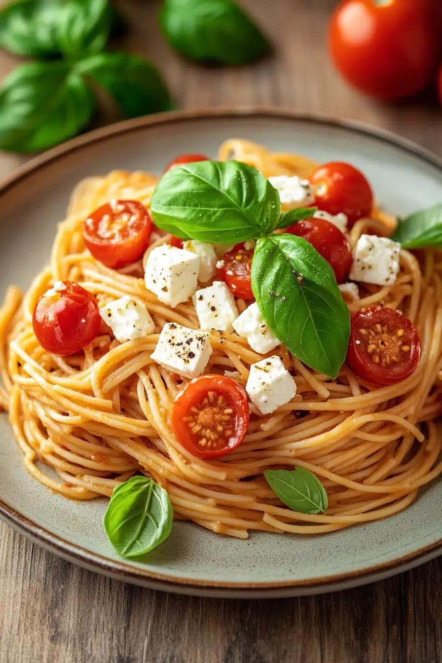 Close-up of one pot pasta with feta and tomatoes, garnished with herbs.