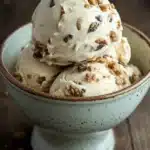 Close-up of peanut butter cookie ice cream with a creamy texture and cookie pieces.