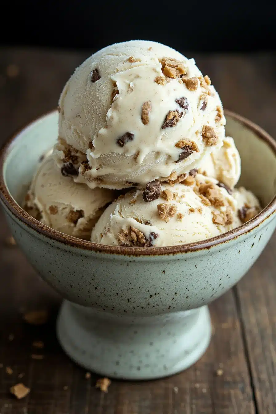 Close-up of peanut butter cookie ice cream with a creamy texture and cookie pieces.