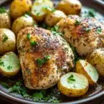 Close-up of sheet pan chicken breast and potatoes with herbs