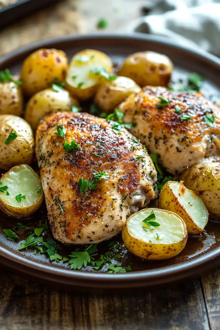Close-up of sheet pan chicken breast and potatoes with herbs