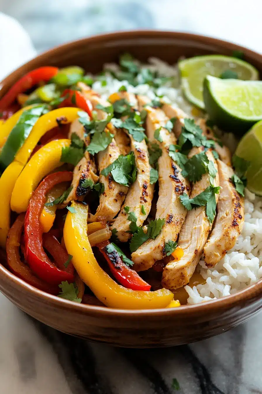 Close-up of sheet pan chicken fajitas rice bowls with vibrant vegetables and grilled chicken.