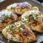 Close-up of skillet lemon garlic chicken with bright, natural lighting and clean background.