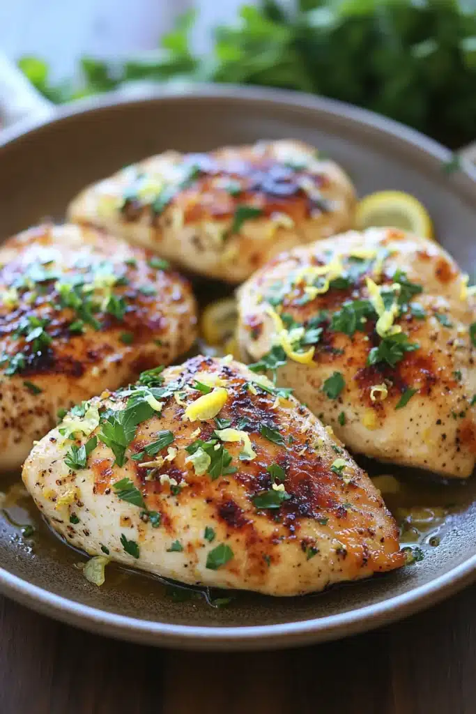 Close-up of skillet lemon garlic chicken with bright, natural lighting and clean background.