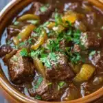 Close-up of slow cooker beef carbonnade stew with rich sauce and tender beef chunks.