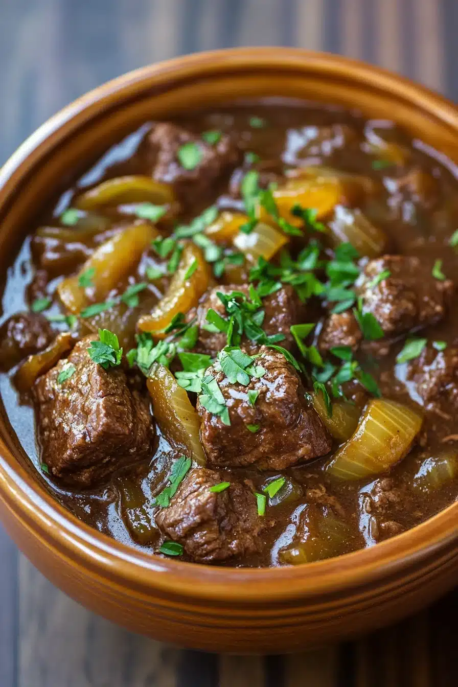 Close-up of slow cooker beef carbonnade stew with rich sauce and tender beef chunks.