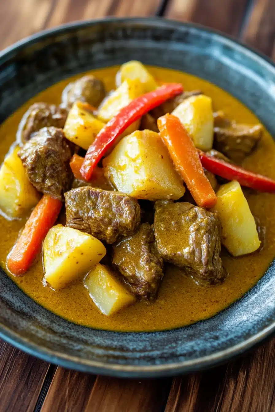 Close-up of slow cooker beef yellow curry with creamy sauce and herbs