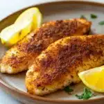 Close-up of tilapia cooked in an air fryer with a golden crust and garnished with herbs.