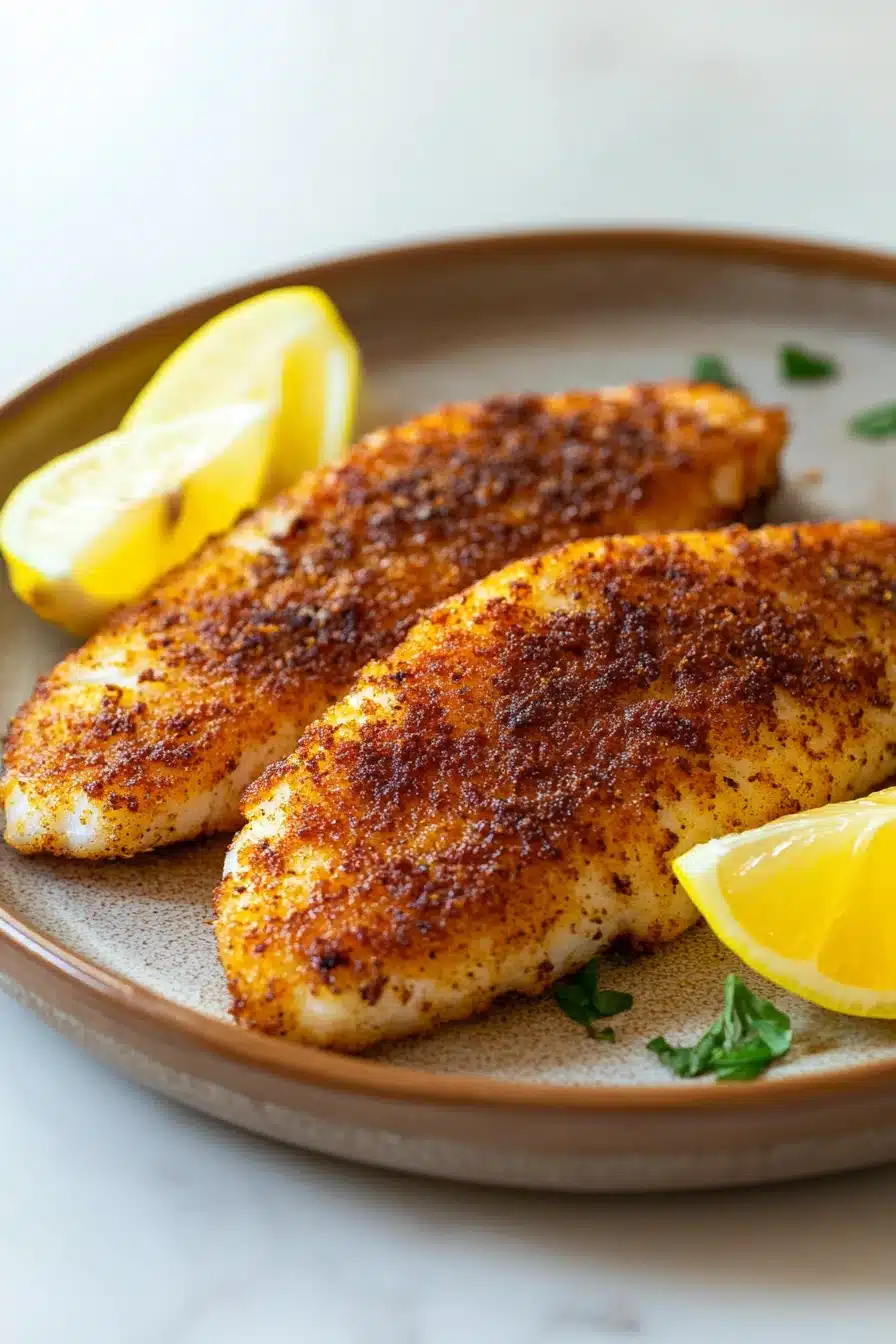 Close-up of tilapia cooked in an air fryer with a golden crust and garnished with herbs.