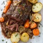 3 packet pot roast slow cooker - the image shows a plate of food with a large piece of roast beef on top. the roast beef is cooked medium-rare and has a dark brown color. it is garnished with chopped herbs and is surrounded by sliced carrots, potatoes, and onions. the plate is white and there is a blue and white striped napkin on the side. the food appears to be freshly cooked and ready to eat.