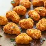 Air fryer breaded salmon nuggets - the image shows a wooden cutting board with a group of small, round, golden-brown, fried food items on it. the food items appear to be tater tots, which are covered in a layer of breadcrumbs and sprinkled with chopped parsley. the board is placed on a white countertop, and there are a few sprigs of parsley scattered around the board. the background is blurred, but it appears to be a kitchen countertop.