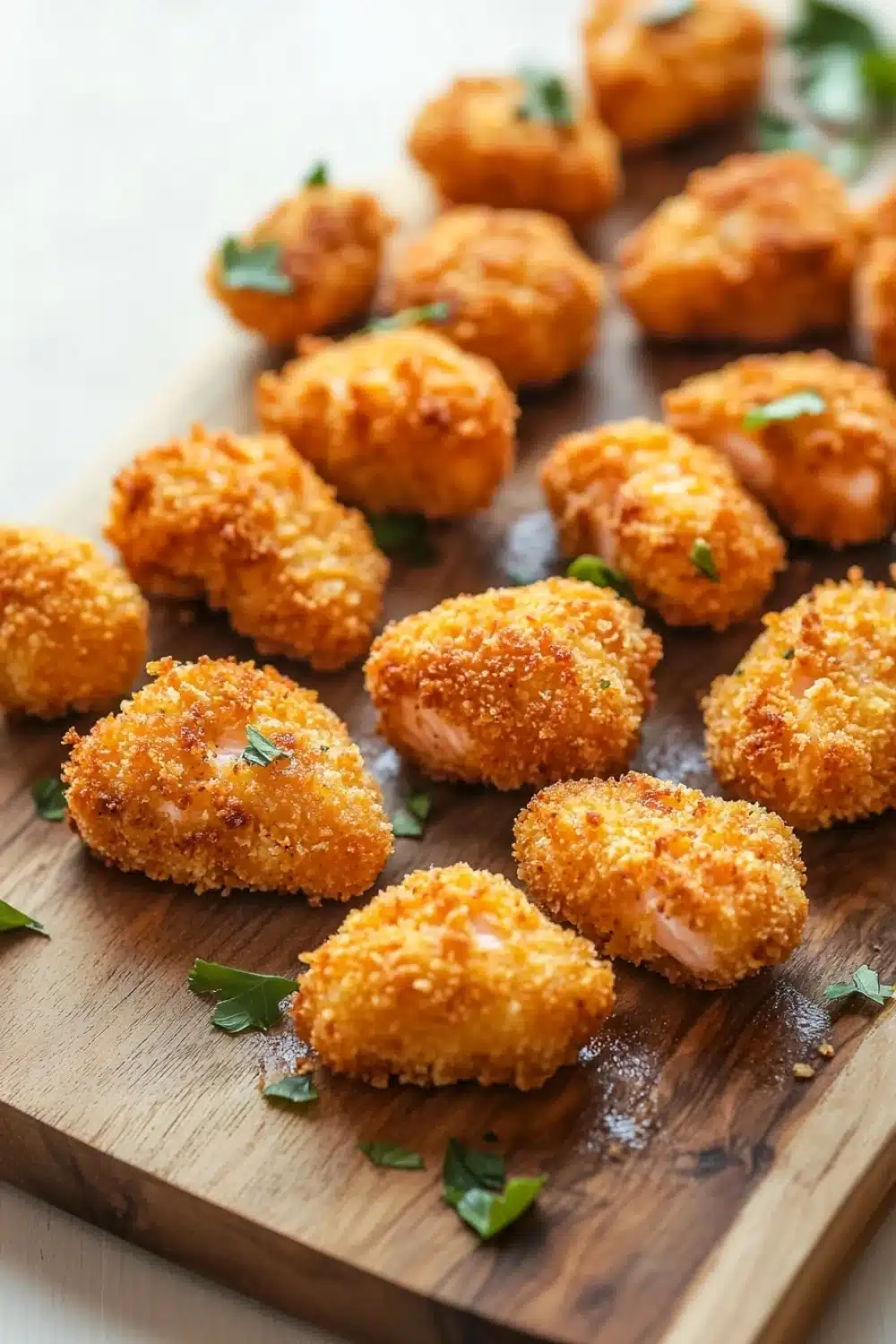 Air fryer breaded salmon nuggets - the image shows a wooden cutting board with a group of small, round, golden-brown, fried food items on it. the food items appear to be tater tots, which are covered in a layer of breadcrumbs and sprinkled with chopped parsley. the board is placed on a white countertop, and there are a few sprigs of parsley scattered around the board. the background is blurred, but it appears to be a kitchen countertop.