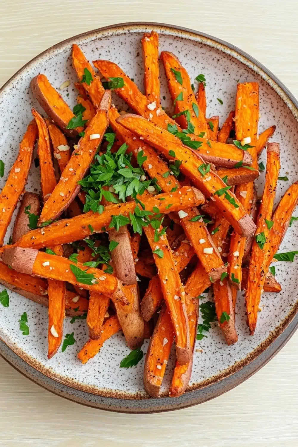 Air fryer garlic sweet potato fries - the image shows a plate of cooked sweet potato fries. the fries are orange in color and have a crispy texture. they are garnished with chopped parsley and sesame seeds. the plate is white with a speckled pattern and is sitting on a wooden table. the background is blurred, but it appears to be a kitchen countertop.