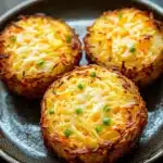 Air fryer potato logs - the image shows three baked potatoes on a black plate. the potatoes are golden brown and appear to be crispy on the outside. they are topped with melted cheese and chopped green onions. the plate is sitting on a wooden table with a dark background.