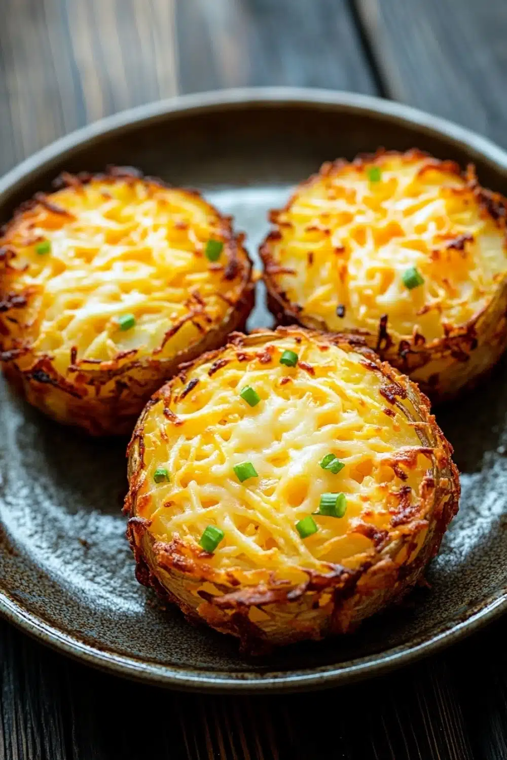 Air fryer potato logs - the image shows three baked potatoes on a black plate. the potatoes are golden brown and appear to be crispy on the outside. they are topped with melted cheese and chopped green onions. the plate is sitting on a wooden table with a dark background.