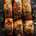Air fryer salmon teriyaki - the image shows six pieces of salmon on a dark wooden surface. the salmon is cooked to a golden brown color and is covered in sesame seeds and green onions. the sesame seed is sprinkled on top, giving the salmon a sweet and savory flavor. the green onions are scattered around the salmon, adding a pop of color to the dish. the overall aesthetic of the image is rustic and appetizing.