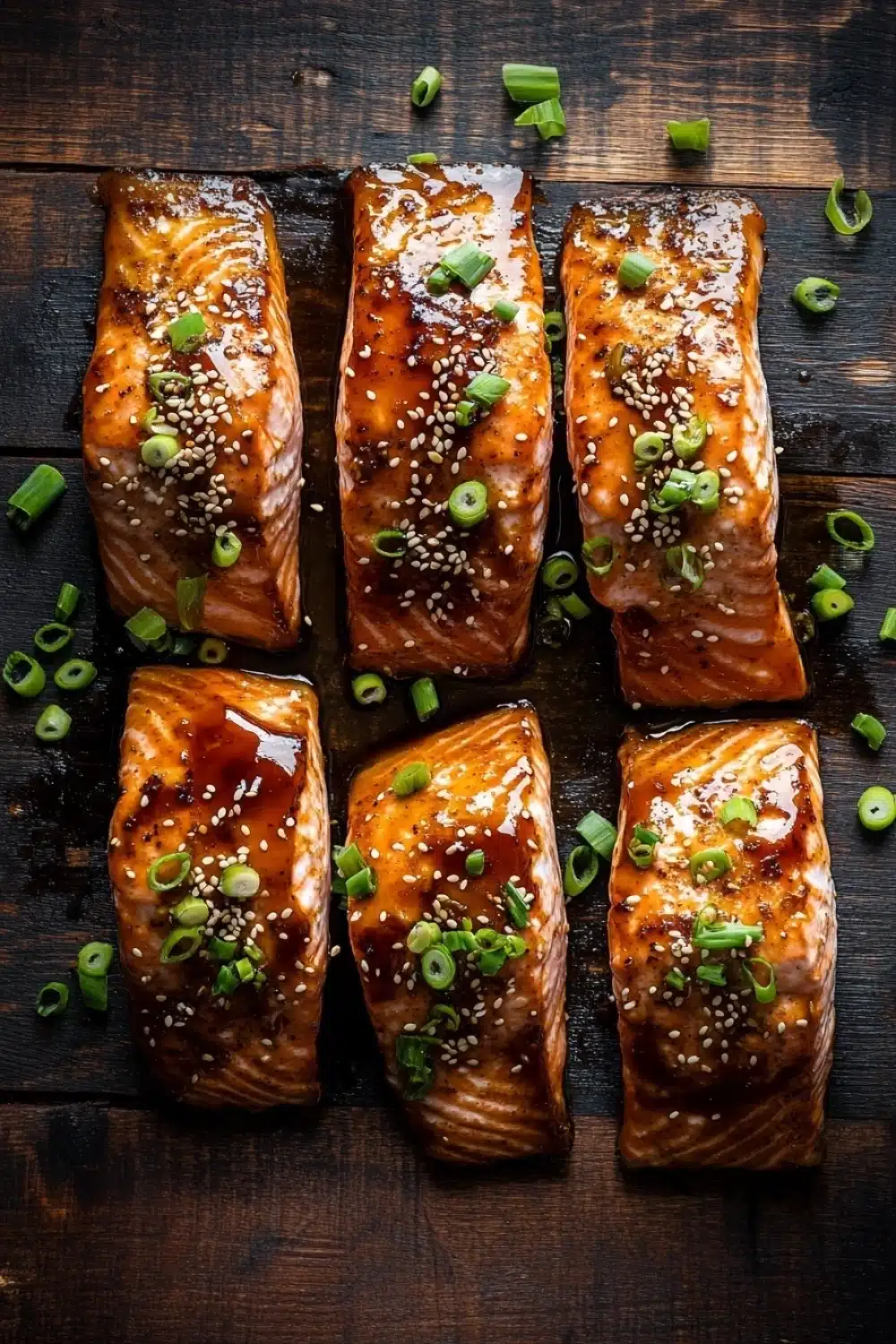 Air fryer salmon teriyaki - the image shows six pieces of salmon on a dark wooden surface. the salmon is cooked to a golden brown color and is covered in sesame seeds and green onions. the sesame seed is sprinkled on top, giving the salmon a sweet and savory flavor. the green onions are scattered around the salmon, adding a pop of color to the dish. the overall aesthetic of the image is rustic and appetizing.