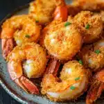 Air fryer shrimp cornstarch - the image shows a plate of cooked shrimp on a wooden table. the shrimp are orange in color and appear to be seasoned with herbs and spices. they are arranged in a circular pattern on the plate, with some overlapping each other. the plate is made of dark wood and has a textured surface. the background is blurred, but it appears to be a rustic kitchen countertop.