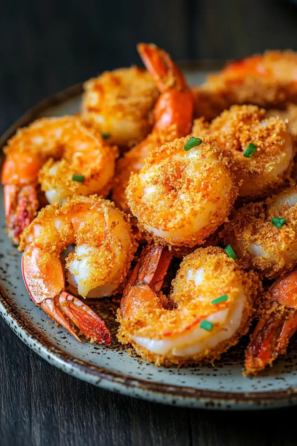 Air fryer shrimp cornstarch - the image shows a plate of cooked shrimp on a wooden table. the shrimp are orange in color and appear to be seasoned with herbs and spices. they are arranged in a circular pattern on the plate, with some overlapping each other. the plate is made of dark wood and has a textured surface. the background is blurred, but it appears to be a rustic kitchen countertop.