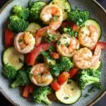 Air fryer shrimp vegetables - the image is a close-up of a plate of food. the plate is round and has a light brown color with a speckled texture. on top of the plate, there are several large shrimp arranged in a circular pattern. the shrimp are pink and appear to be seasoned with herbs and spices. the vegetables in the plate include broccoli, red bell peppers, and zucchini. there are also some chopped parsley scattered throughout the dish. the background is dark, making the colors of the vegetables stand out.
