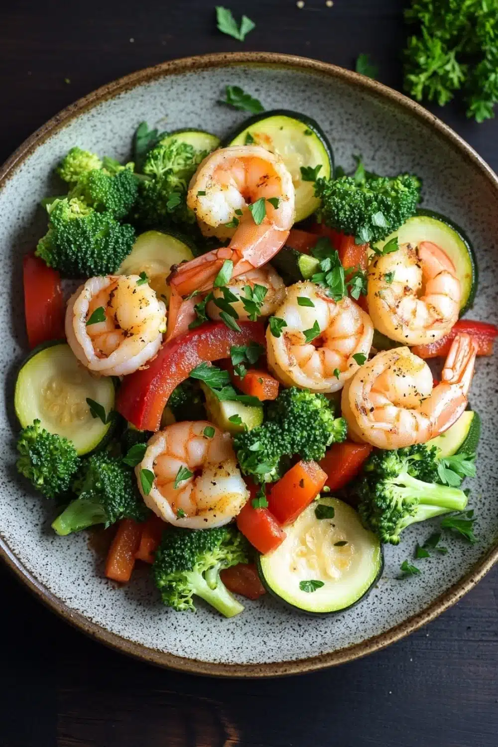 Air fryer shrimp vegetables - the image is a close-up of a plate of food. the plate is round and has a light brown color with a speckled texture. on top of the plate, there are several large shrimp arranged in a circular pattern. the shrimp are pink and appear to be seasoned with herbs and spices. the vegetables in the plate include broccoli, red bell peppers, and zucchini. there are also some chopped parsley scattered throughout the dish. the background is dark, making the colors of the vegetables stand out.