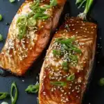 Air fryer teriyaki salmon - the image shows two pieces of salmon on a black slate plate. the salmon is cooked to a golden brown color and is covered in sesame seeds and green onions. the sauce is drizzled over the salmon, giving it a glossy sheen. there are also a few green onions scattered around the plate, adding a pop of color to the dish. the overall aesthetic of the image is fresh and appetizing.