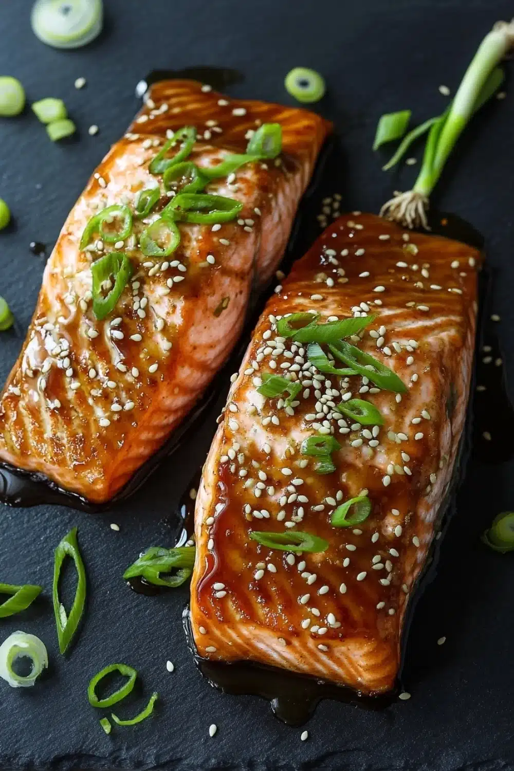 Air fryer teriyaki salmon - the image shows two pieces of salmon on a black slate plate. the salmon is cooked to a golden brown color and is covered in sesame seeds and green onions. the sauce is drizzled over the salmon, giving it a glossy sheen. there are also a few green onions scattered around the plate, adding a pop of color to the dish. the overall aesthetic of the image is fresh and appetizing.