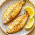 Air fryer tilapia thawed - the image shows two fish fillets on a white plate with a light brown rim. the fillets are golden brown and appear to be seasoned with herbs and spices. there are two lemon wedges on the plate, one on each side of the fillets. the plate is placed on a wooden table. the background is blurred, but it appears to be a kitchen countertop.