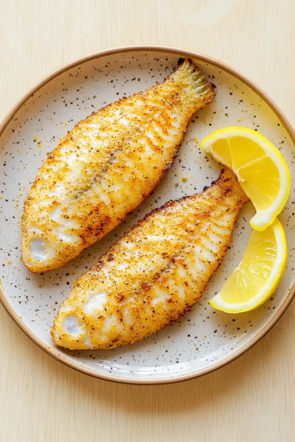 Air fryer tilapia thawed - the image shows two fish fillets on a white plate with a light brown rim. the fillets are golden brown and appear to be seasoned with herbs and spices. there are two lemon wedges on the plate, one on each side of the fillets. the plate is placed on a wooden table. the background is blurred, but it appears to be a kitchen countertop.