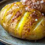 Air fryer yellow baked potato - the image shows a close-up of a baked potato on a plate. the potato is golden brown and has a crispy texture. it is drizzled with a yellow sauce, which appears to be melted and oozing out of the sides. the sauce is sprinkled with black pepper flakes and grated cheese. the plate is blue and white with a speckled pattern. in the background, there is another potato that is slightly blurred. the overall color scheme of the image is warm and inviting.