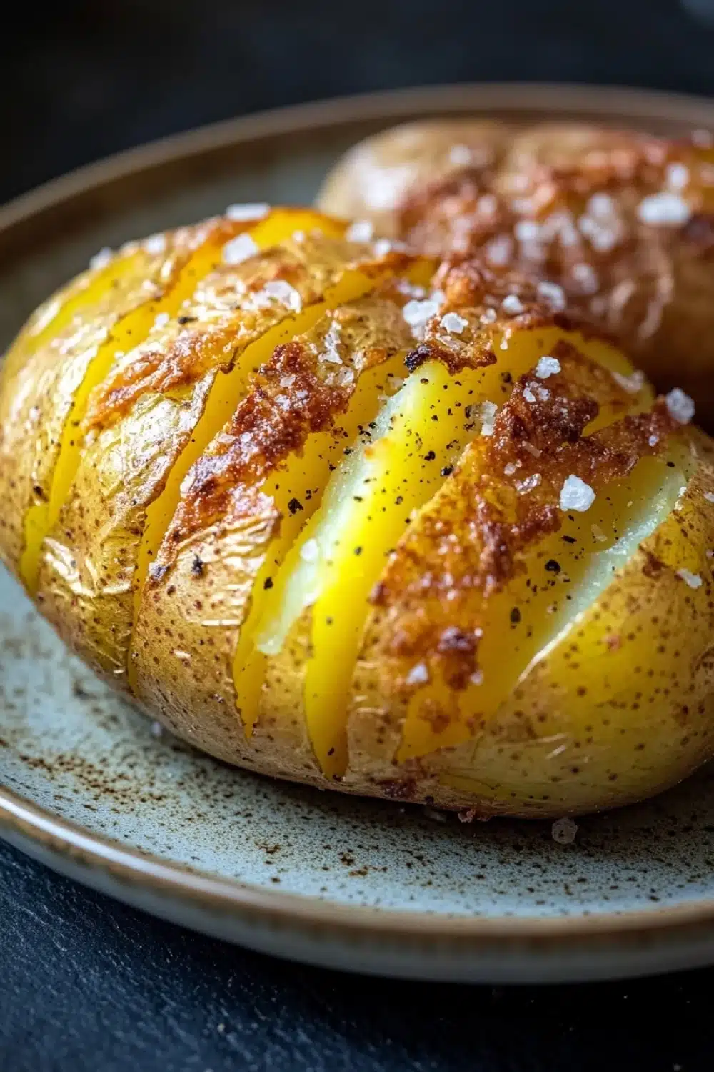 Air fryer yellow baked potato - the image shows a close-up of a baked potato on a plate. the potato is golden brown and has a crispy texture. it is drizzled with a yellow sauce, which appears to be melted and oozing out of the sides. the sauce is sprinkled with black pepper flakes and grated cheese. the plate is blue and white with a speckled pattern. in the background, there is another potato that is slightly blurred. the overall color scheme of the image is warm and inviting.