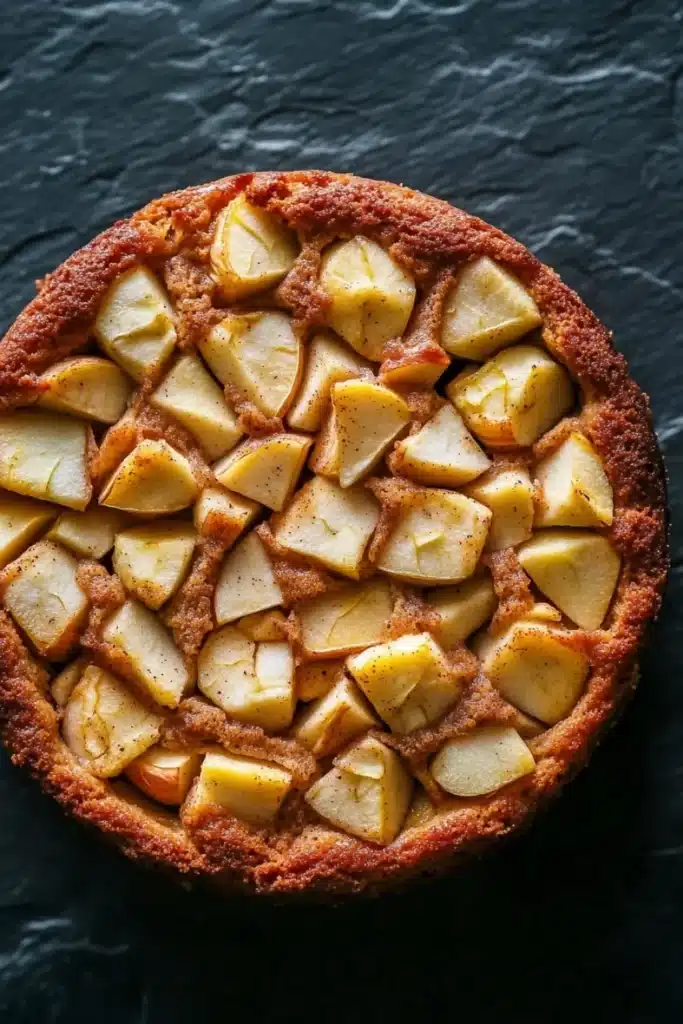 Apple cake one bowl - the image is a close-up of a round, golden-brown tart with a crumbly texture. the tart is placed on a dark, textured surface, possibly a table or countertop. on top of the tart, there are small cubes of sliced apples arranged in a grid-like pattern. the apples appear to be caramelized and have a golden brown color, indicating that they have been freshly baked. the crust is golden brown and has a slightly crispy texture.