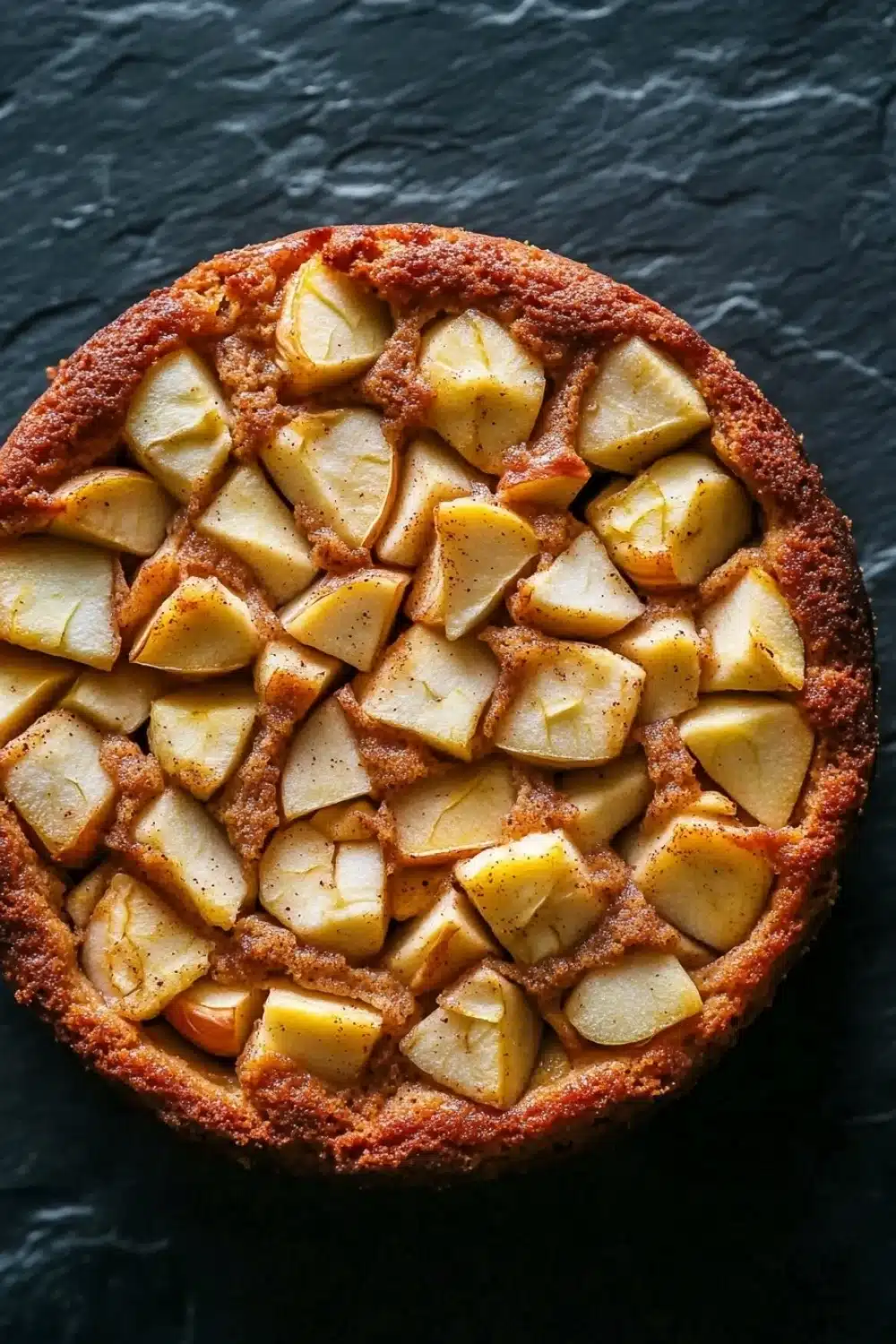Apple cake one bowl - the image is a close-up of a round, golden-brown tart with a crumbly texture. the tart is placed on a dark, textured surface, possibly a table or countertop. on top of the tart, there are small cubes of sliced apples arranged in a grid-like pattern. the apples appear to be caramelized and have a golden brown color, indicating that they have been freshly baked. the crust is golden brown and has a slightly crispy texture.