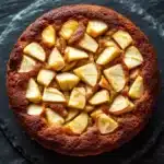 Apple cake yogurt - the image is a close-up of a round cake on a black slate plate. the cake appears to be a chocolate cake with a golden brown crust and a layer of caramelized apples on top. the apples are arranged in a circular pattern on the top of the cake, with some overlapping each other. the plate is placed on a dark, textured surface, possibly a table or countertop. the overall mood of the image is warm and inviting.