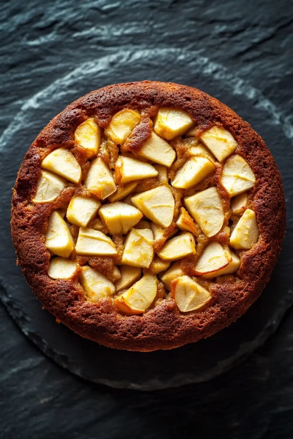 Apple cake yogurt - the image is a close-up of a round cake on a black slate plate. the cake appears to be a chocolate cake with a golden brown crust and a layer of caramelized apples on top. the apples are arranged in a circular pattern on the top of the cake, with some overlapping each other. the plate is placed on a dark, textured surface, possibly a table or countertop. the overall mood of the image is warm and inviting.