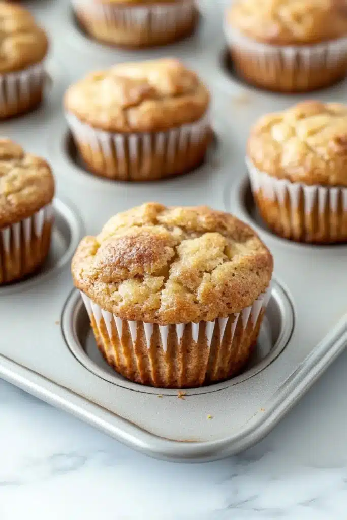 Apple muffins for kids - the image shows a muffin tin filled with freshly baked muffins. the muffins are golden brown in color and have a crumbly texture on top. they are arranged in a single layer in the tin, with some overlapping each other. the tin is lined with white paper liners, and the muffins appear to be freshly baked. the background is a white marble countertop.