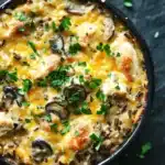 Baked chicken and wild rice casserole - the image is a close-up of a dish in a black ceramic baking dish. the dish appears to be a casserole or lasagna, with a layer of melted cheese on top. the cheese is golden brown and bubbly, and there are small pieces of mushrooms scattered throughout the dish. there are also a few sprigs of fresh parsley scattered around the dish, adding a pop of green color to the image. the background is a dark grey textured surface, possibly a table or countertop.