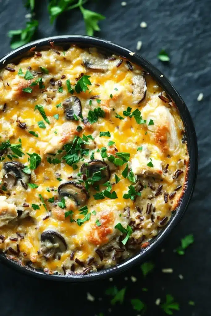 Baked chicken and wild rice casserole - the image is a close-up of a dish in a black ceramic baking dish. the dish appears to be a casserole or lasagna, with a layer of melted cheese on top. the cheese is golden brown and bubbly, and there are small pieces of mushrooms scattered throughout the dish. there are also a few sprigs of fresh parsley scattered around the dish, adding a pop of green color to the image. the background is a dark grey textured surface, possibly a table or countertop.