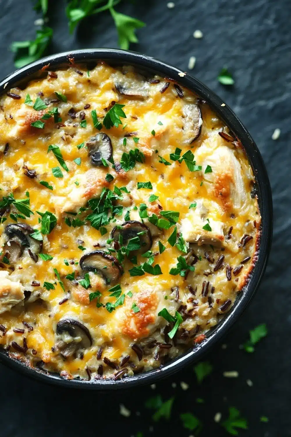 Baked chicken and wild rice casserole - the image is a close-up of a dish in a black ceramic baking dish. the dish appears to be a casserole or lasagna, with a layer of melted cheese on top. the cheese is golden brown and bubbly, and there are small pieces of mushrooms scattered throughout the dish. there are also a few sprigs of fresh parsley scattered around the dish, adding a pop of green color to the image. the background is a dark grey textured surface, possibly a table or countertop.