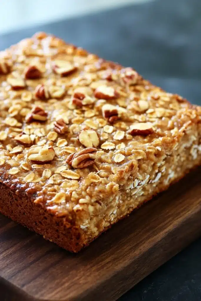 Banana bread baked oatmeal - the image shows a rectangular piece of bread on a wooden cutting board. the bread appears to be freshly baked and has a golden brown crust on top. it is topped with chopped nuts, giving it a crunchy texture. the nuts are scattered across the top of the bread, adding a pop of color to the dish. the cutting board is placed on a dark grey countertop.