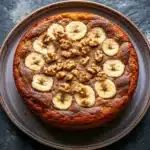 Banana cake - the image is of a round cake on a brown plate. the cake appears to be freshly baked and has a golden brown crust. on top of the cake, there are sliced bananas arranged in a circular pattern. the bananas are cut into thin slices and are scattered randomly across the cake. the plate is placed on a dark grey textured surface. the overall mood of the image is rustic and appetizing.