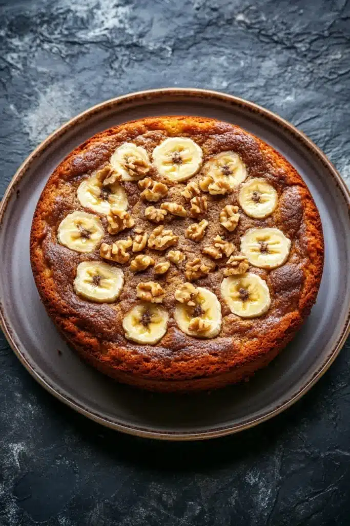 Banana cake - the image is of a round cake on a brown plate. the cake appears to be freshly baked and has a golden brown crust. on top of the cake, there are sliced bananas arranged in a circular pattern. the bananas are cut into thin slices and are scattered randomly across the cake. the plate is placed on a dark grey textured surface. the overall mood of the image is rustic and appetizing.