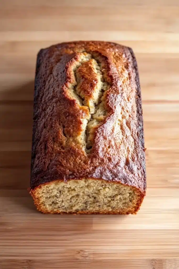 Banana cake loaf photography - the image shows a loaf of bread on a wooden cutting board. the bread appears to be freshly baked and has a golden brown crust on top. the inside of the bread is visible, with a crumbly texture and a soft, fluffy interior. the loaf is cut in half, revealing the soft, golden-brown interior of the loaf. the cutting board has a light-colored wood grain pattern. the background is blurred, making the bread the focal point of the image.