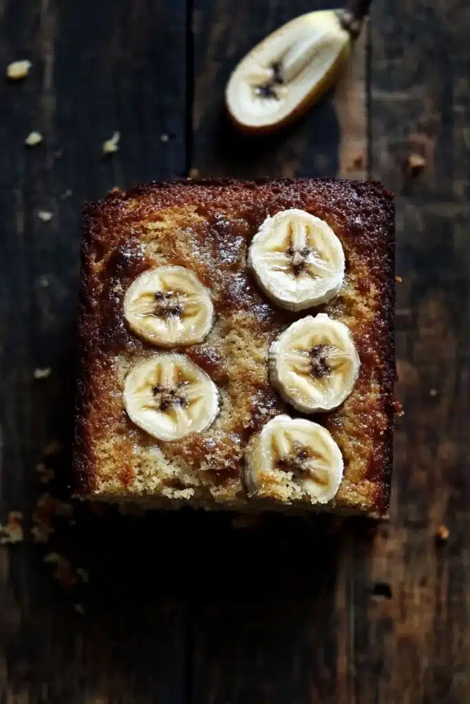 Banana cake slice plating - the image is a close-up of a square-shaped cake on a wooden surface. the cake appears to be freshly baked and has a golden brown crust on top. on top of the cake, there are several sliced bananas arranged in a circular pattern. the bananas are cut into thin slices and are arranged in an overlapping manner. there is a single banana peel on the right side of the image, which is partially visible in the top right corner. the background is dark and out of focus, making the cake stand out.