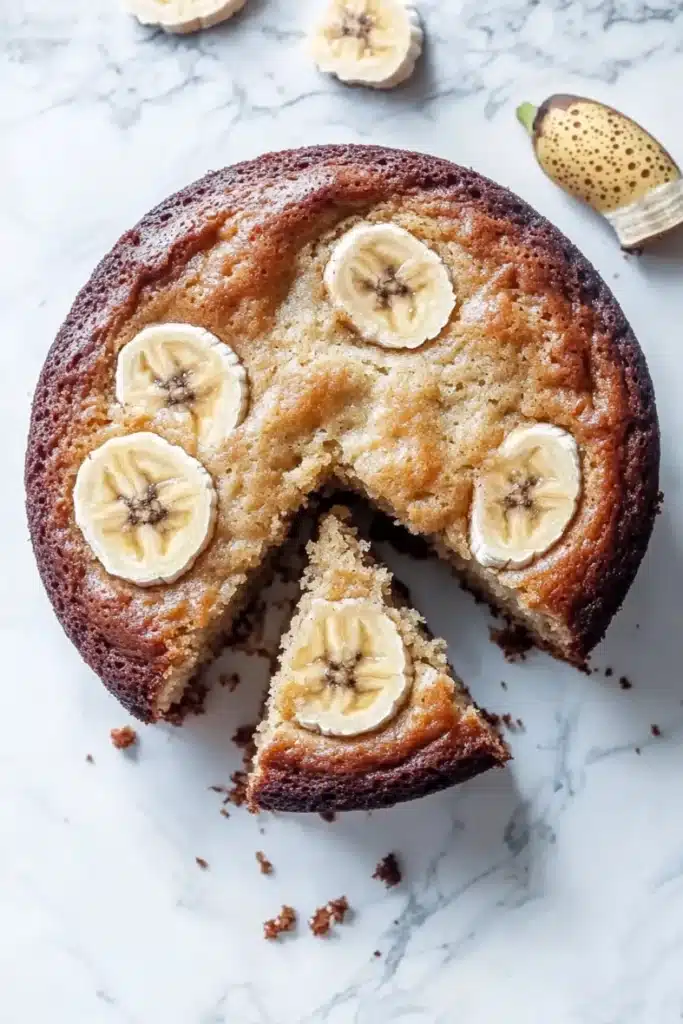 Banana cake toddler - the image shows a round cake with a slice taken out of it. the cake is golden brown in color and has a crumbly texture. on top of the cake, there are several sliced bananas arranged in a circular pattern. the bananas are cut in half, revealing the soft, fluffy interior. there are also a few whole bananas scattered around the cake. the background is a white marble countertop.